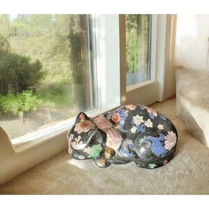 Vintage Chinese porcelain sleeping Cat Sculpture figurine Raiced Qianlong Mark